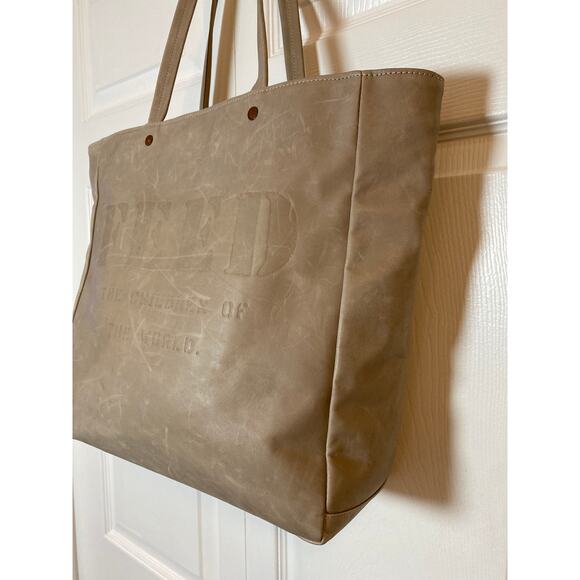 Feed The Children Of The World Leather Tote Bag Embossed Almond Shoulder Bag Tan - Picture 2 of 16